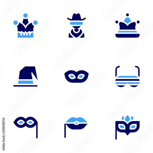Costume party icon set. Bold style. Duotone colors. joker hat, witch hat, mask, cowboy, fun glasses, lips, eye mask