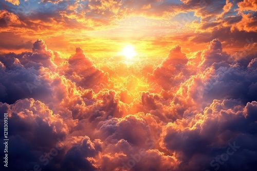 Majestic sunrise illuminating a vibrant sky filled with clouds, creating a serene and uplifting atmosphere
