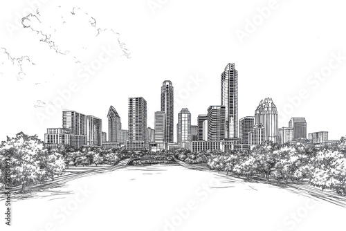 Austin Texas Skyline Sketch Black and White Cityscape