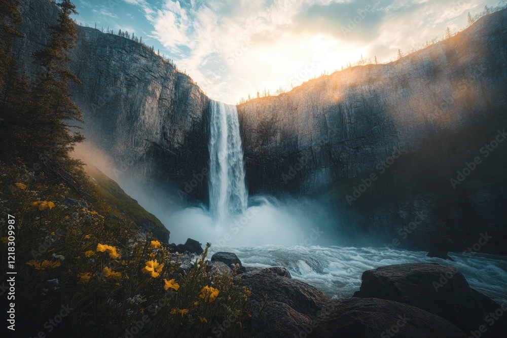 Fototapeta premium Majestic waterfall cascading down rocky cliffs surrounded by lush greenery and vibrant flowers at sunset