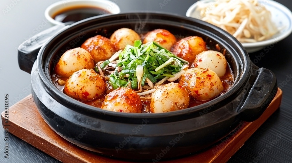Korean food concept. Steaming hot dish of round dumplings topped with green onions, served in a black stone pot alongside a side of sprouts. Korean food concept. Steaming hot dish of round dumplings topped with green onions, served in a black stone pot alongside a side of sprouts.