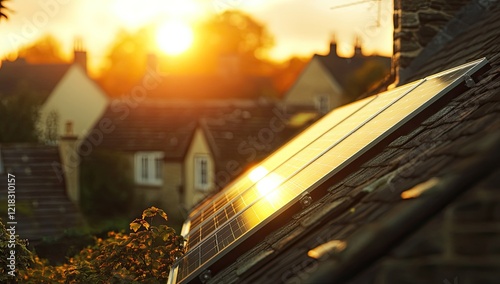 Energy-Efficient English Homes: Rooftop Solar Panels at Sunset