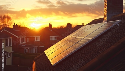 Close-Up of Rooftop Solar Panels with a Scenic English Neighborhood
