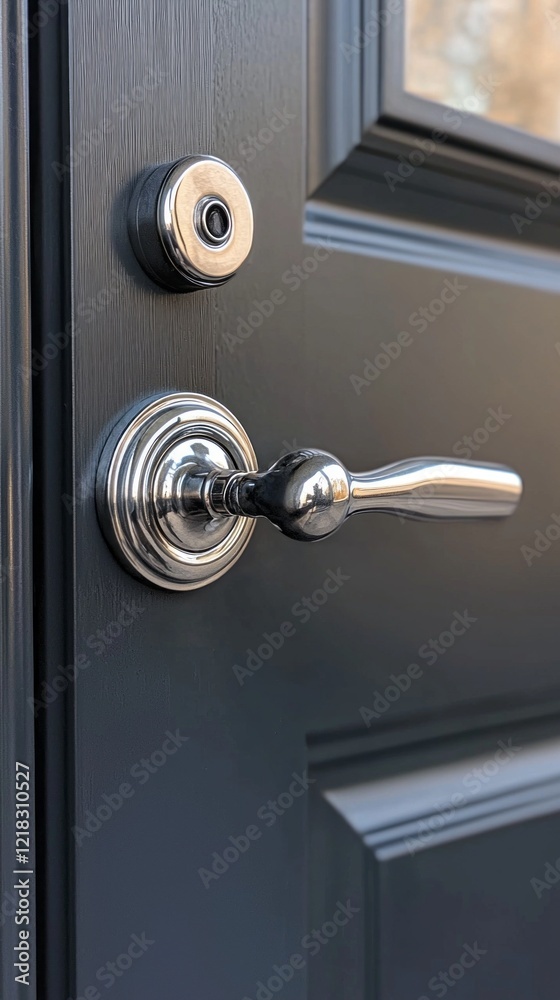 Obraz premium A sleek silver door handle captures attention against a dark gray door frame. Its polished finish reflects light beautifully, creating a modern and sophisticated ambiance worthy of any entrance