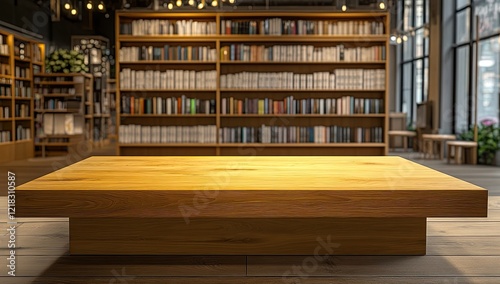 Realistic Wooden Display Counter in a Bright Retail Space
