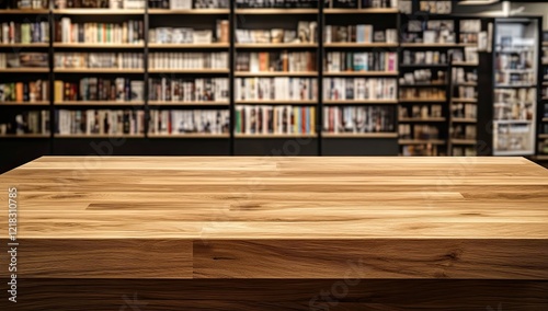 Empty Wooden Tabletop Banner in a Natural Bookstore Environment