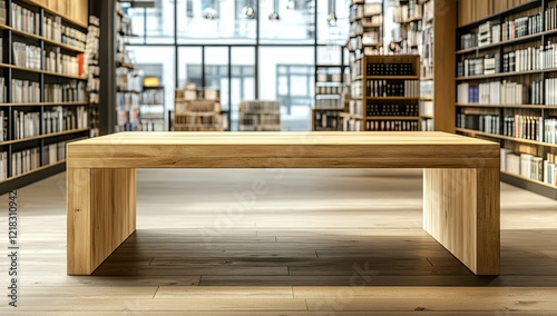 Realistic Wooden Counter in a Minimalist Bookstore Background