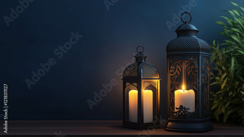 Two ornate lanterns illuminating dark blue background for ramadan or eid photo