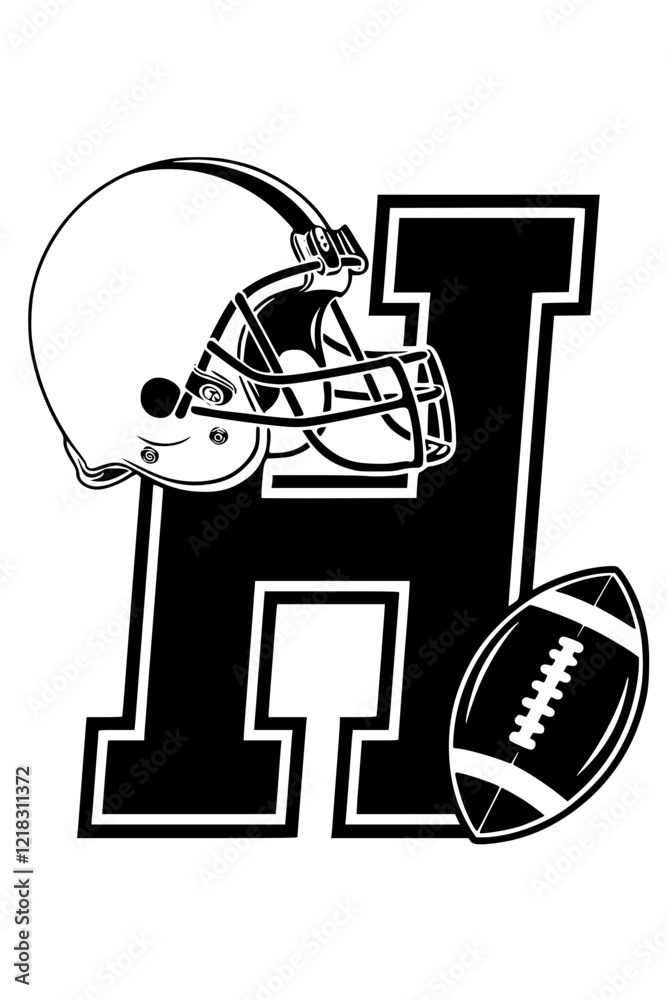 Football helmet and ball with letter H, Black and white illustration featuring the letter H with a football helmet and ball, symbolizing sports, teamwork, and athletic pride.
Football helmet and ball with letter H, Black and white illustration featuring the letter H with a football helmet and ball, symbolizing sports, teamwork, and athletic pride.