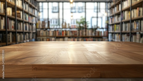 Empty Wooden Tabletop in a Bright Bookstore Interior for Display