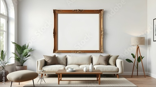 A 3D rendered illustration of an adorable antique, charming mock-up poster frame with a cast bronze patina finish in a minimalistic modern living room photo