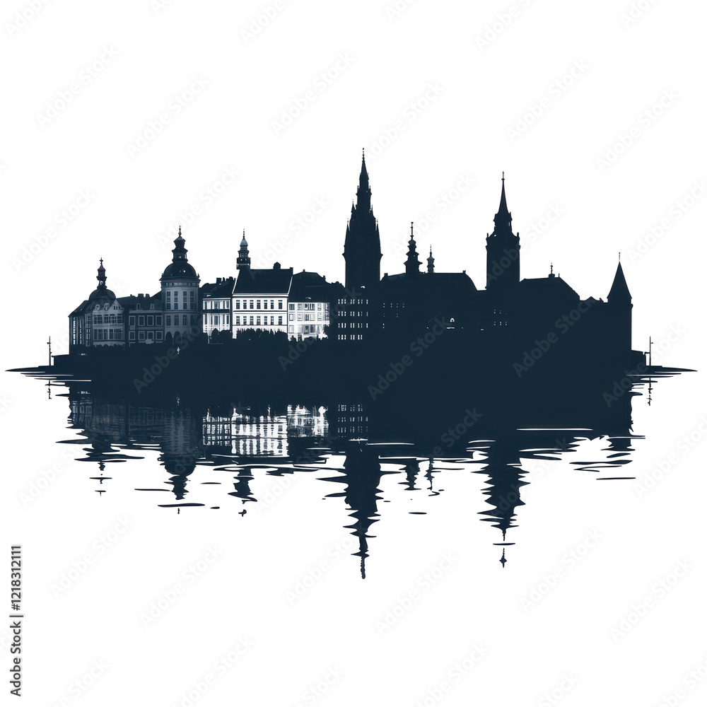 Fototapeta premium Night view of Frederiksborg Castle reflected in water a serene nightscape,