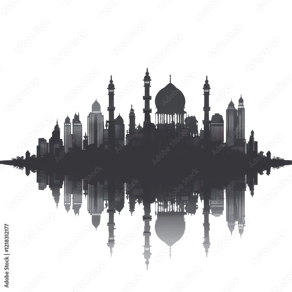 Naklejka premium Cityscape Mosque Reflection Night Skyline