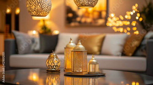 Golden lanterns illuminating festive home decor on a cozy evening photo