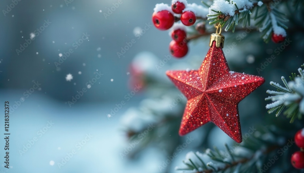 Glittering star-shaped decoration on a snow-covered branch with frosty berries, sparkle, ornament Glittering star-shaped decoration on a snow-covered branch with frosty berries, sparkle, ornament