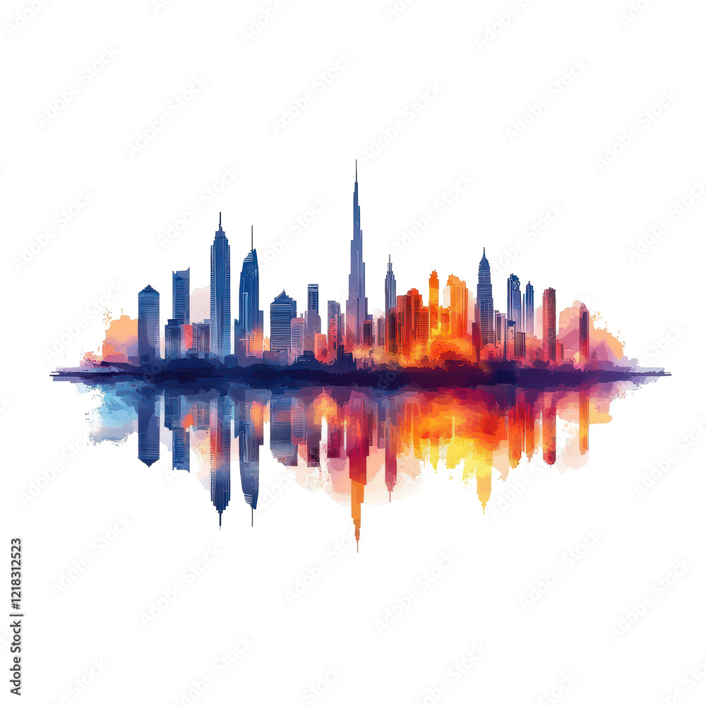 Obraz premium Modern City Skyline Watercolor Reflection Urban Landscape,