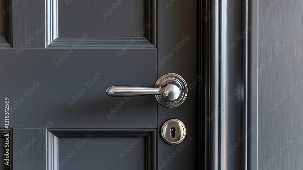 Obraz premium Elegant silver door handle shines against a dark gray background, inviting curiosity about the space beyond. Its sleek design hints at modern sophistication and functionality
