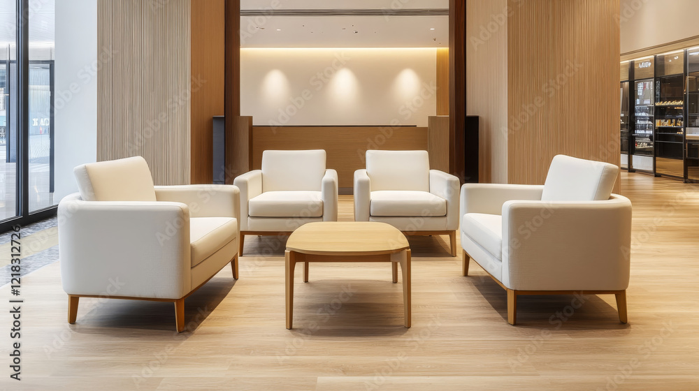 Fototapeta premium modern seating area in mall featuring four white armchairs and wooden coffee table, creating serene and inviting atmosphere for relaxation