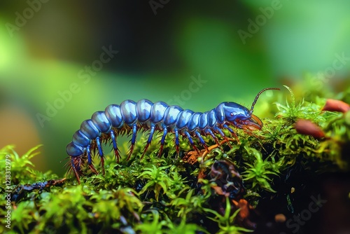 Blue Centipede Traverses Vibrant Moss in Rainforest Habitat photo