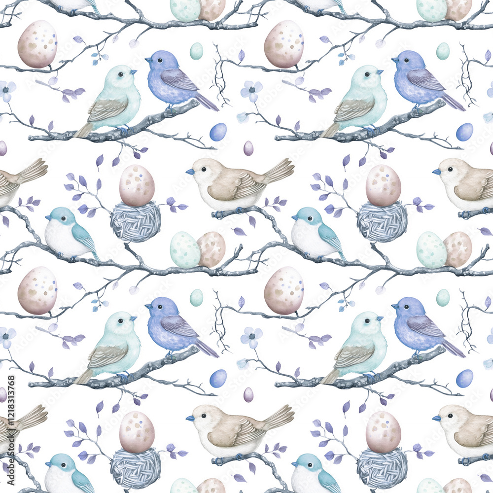 Fototapeta Colorful birds and decorative eggs on a delicate branch pattern in soft pastel shades for a spring-themed design