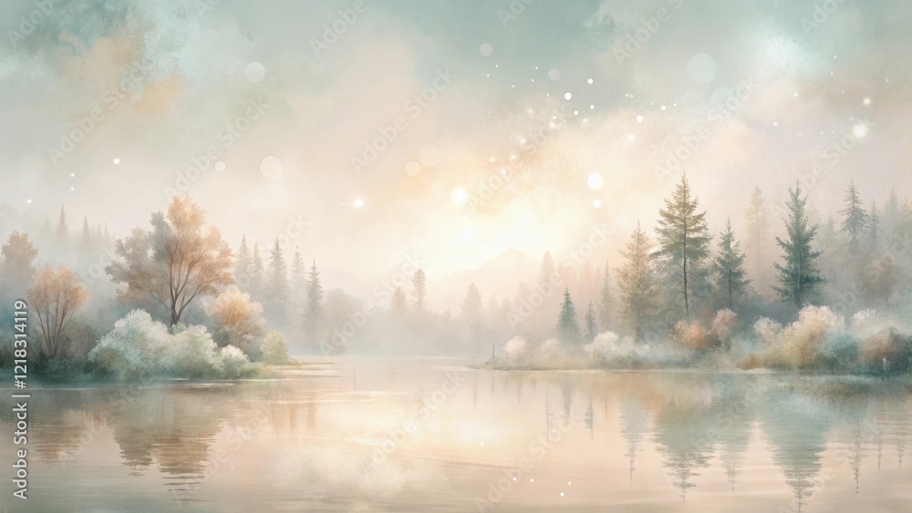 Serene Lakeside Vista Misty Morning, Tranquil Waters Reflecting Autumnal Hues and a Dreamlike Dawn Serene Lakeside Vista Misty Morning, Tranquil Waters Reflecting Autumnal Hues and a Dreamlike Dawn