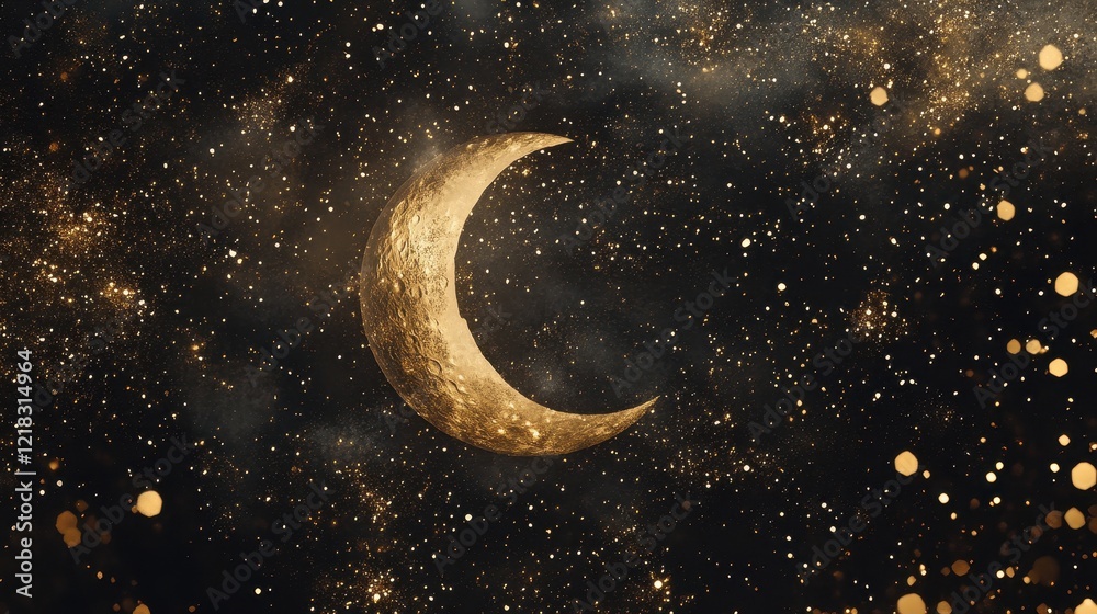 Fototapeta premium Golden Crescent Moon Amidst Sparkling Celestial Dust