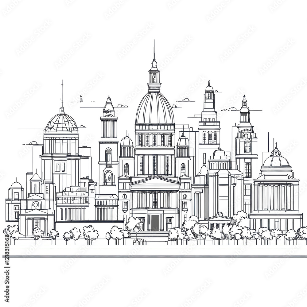 Obraz premium Majestic Cityscape Architectural Sketch Black and White Domes Towers Buildings