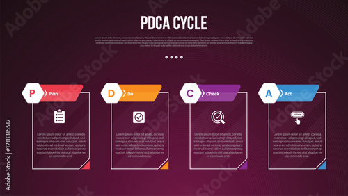 PDCA cycle infographic template with creative outline table with cutted header badge dark background style with 4 point for slide presentation