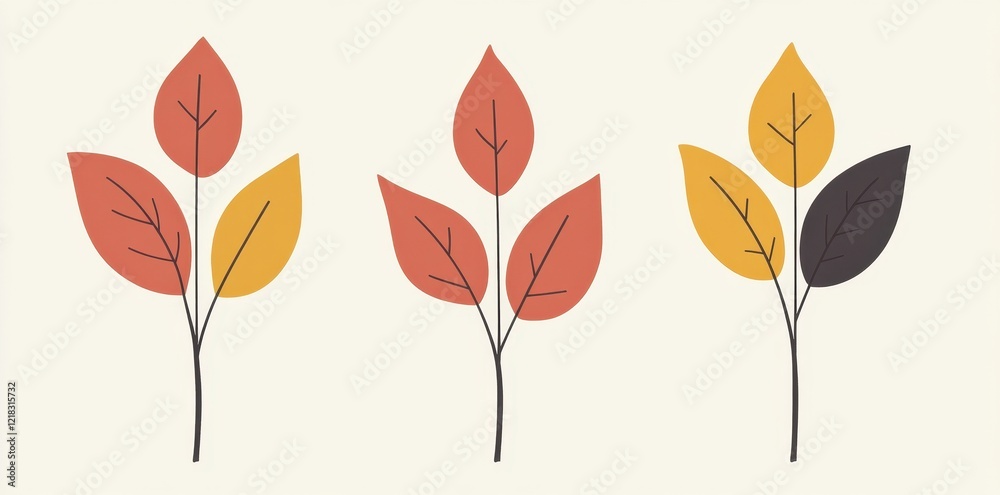 Fototapeta premium Three stylized autumn leaf sprigs in orange yellow and brown