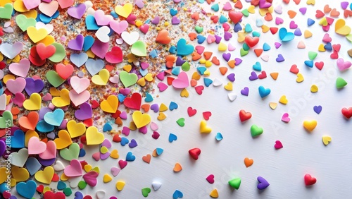 Colorful paper hearts scattered on a white background with confetti overlay , joyful, lively,  joyful