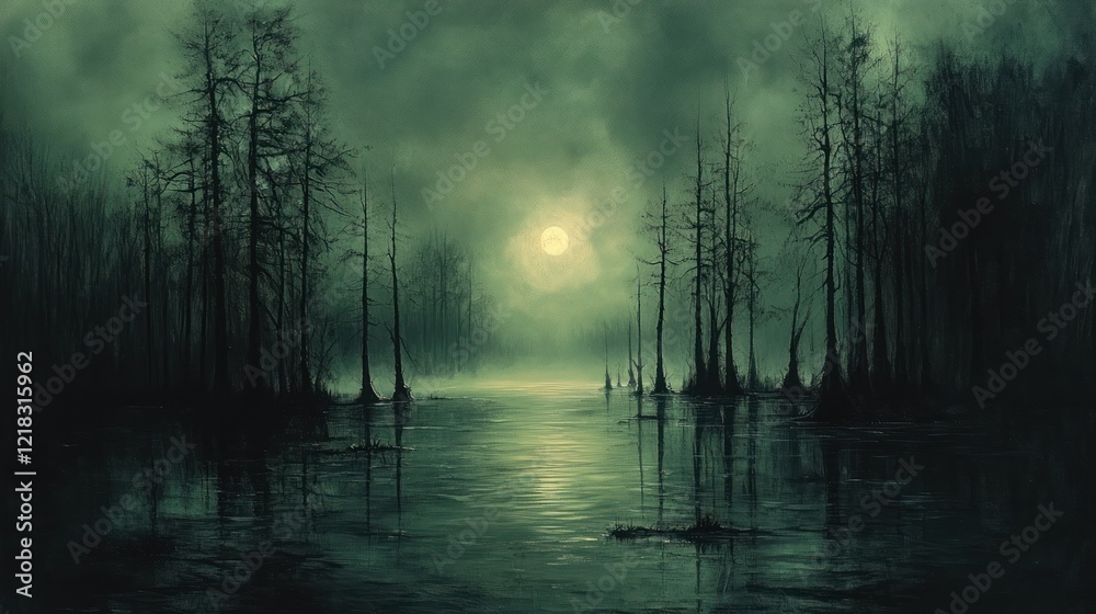 Eerie swamp scene at night with a full moon, misty atmosphere and dark cypress trees reflected in still water. Eerie swamp scene at night with a full moon, misty atmosphere and dark cypress trees reflected in still water.