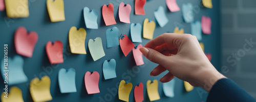 A hand reaches for colorful heart-shaped sticky notes on a board, creating a vibrant display of creativity and expression.