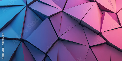 A vibrant, geometric pattern featuring 3D shapes in shades of blue and pink, creating a dynamic and modern visual effect.