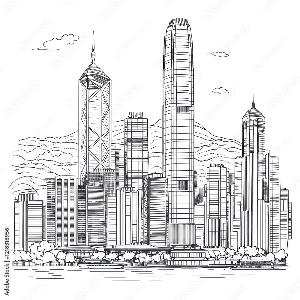 Naklejka premium Hong Kong Skyline Sketch Modern Cityscape Architecture Drawing,
