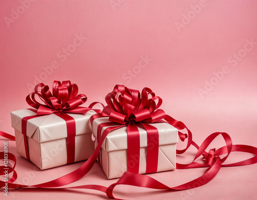 Valentine's Day flat lay composition with gift boxes wrapped in heart-patterned paper and red ribbons, surrounded by red flowers and heart-shaped decorations on pink background. Love, romance concept