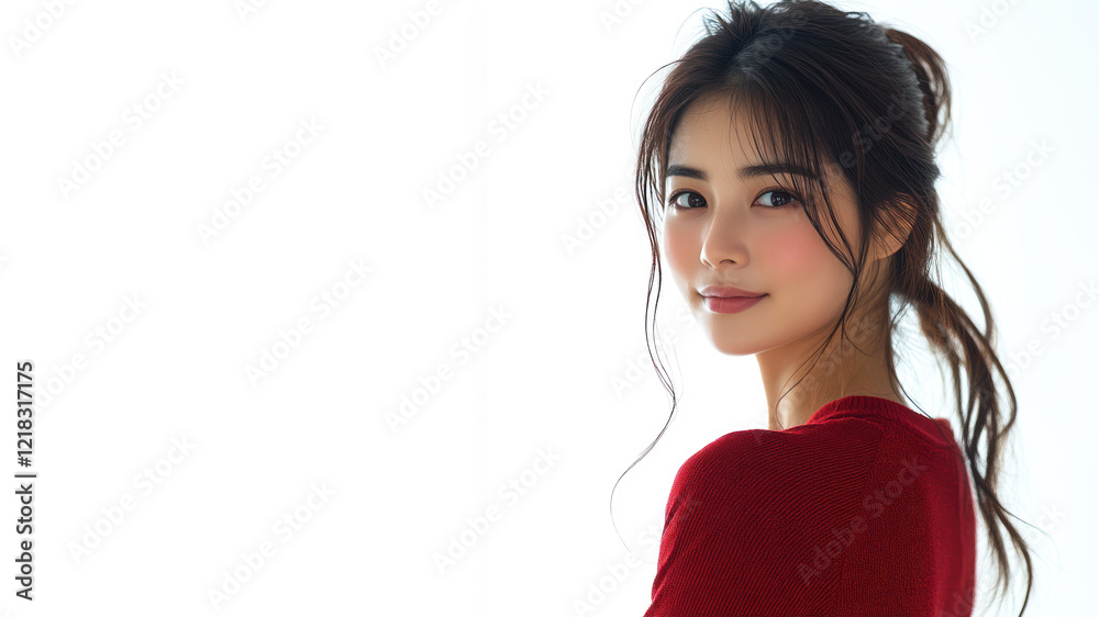 Korean happy woman wearing red apparel smiling isolated on white background Korean happy woman wearing red apparel smiling isolated on white background