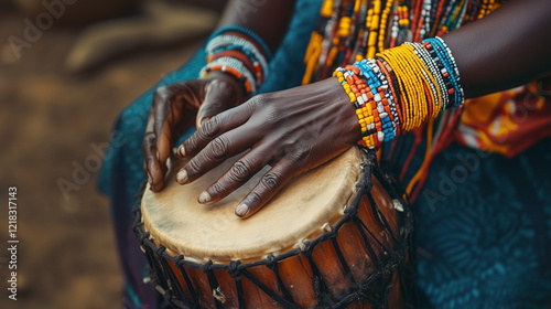 Hands playing an African djembe drum, detailed focus on the drumhead and hand movements