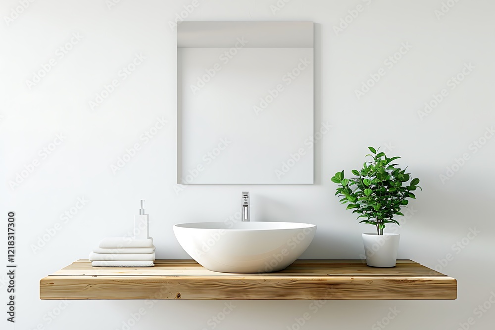 Fototapeta premium Minimalistic bathroom interior with sink on wooden shelf and square mirror hanging on a white wall