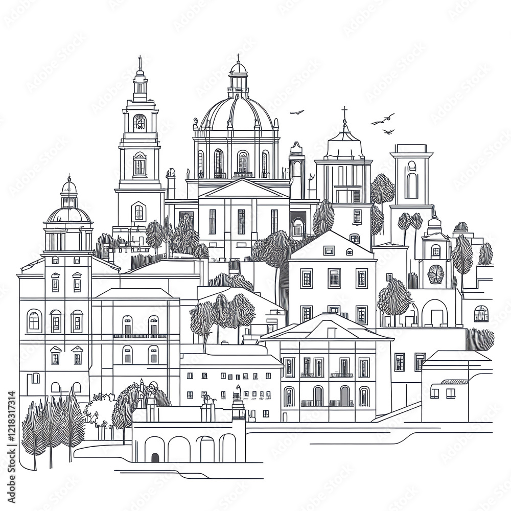 Fototapeta premium European Cityscape Sketch Dark Night Scene Architectural Illustration