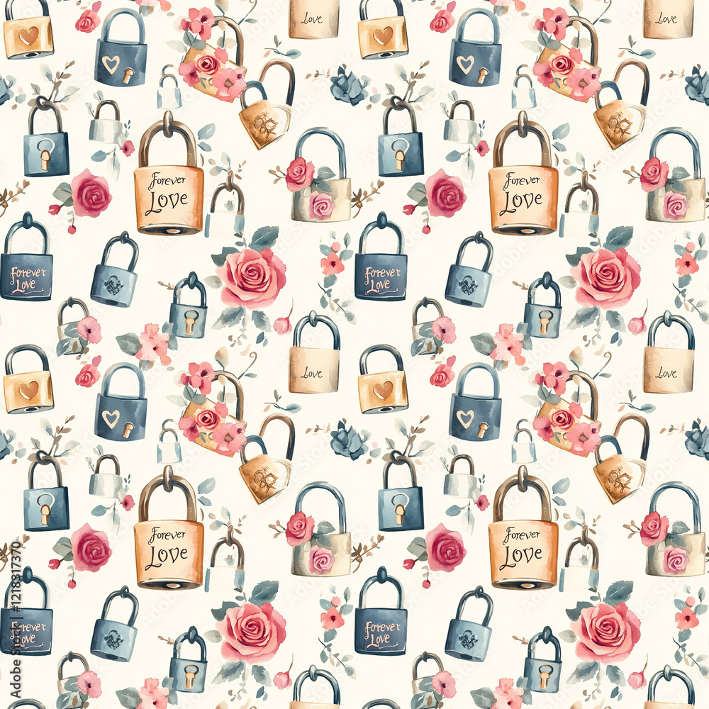 Fototapeta premium Colorful pattern of love locks and roses adorned with delicate flowers creating a romantic atmosphere for all occasions