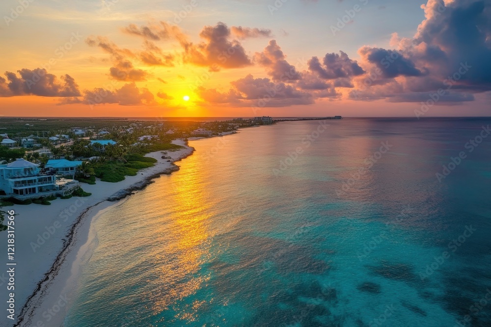 Obraz premium Drone sunrise capture over ocean in Cayman Islands. Aerial photograph capturing the sun setting over the ocean, illuminating the beach with vibrant colors and tranquil waves.