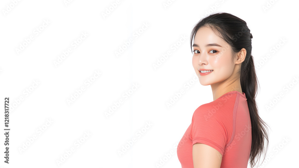 Korean happy woman wearing red apparel smiling isolated on white background Korean happy woman wearing red apparel smiling isolated on white background