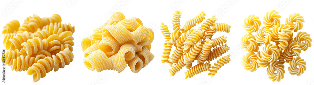 Collection of various uncooked cavatappi pasta with their unique corkscrew shape isolated on white transparent background PNG set Collection of various uncooked cavatappi pasta with their unique corkscrew shape isolated on white transparent background PNG set