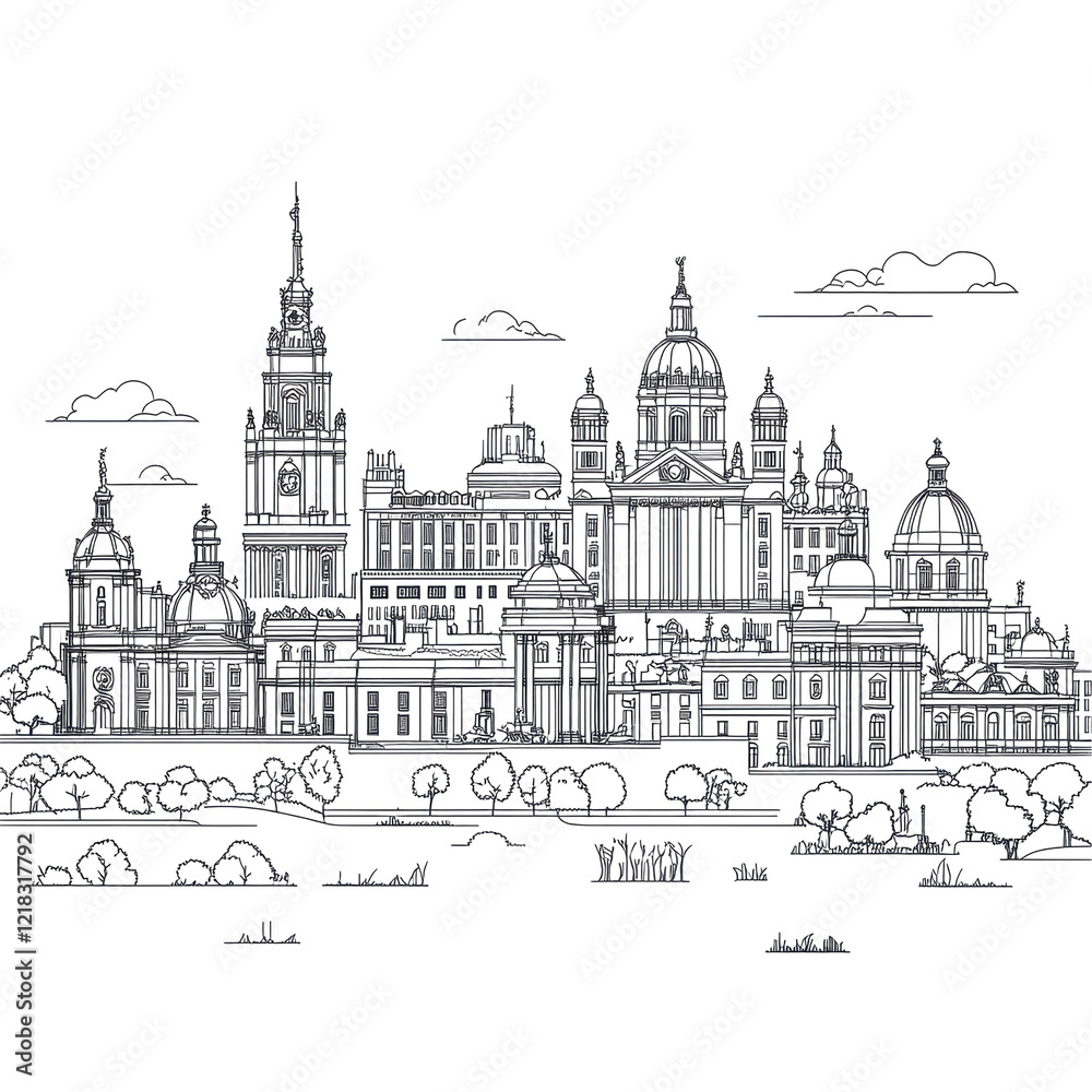 Santiago de Compostela Cathedral complex architectural sketch black and white illustration