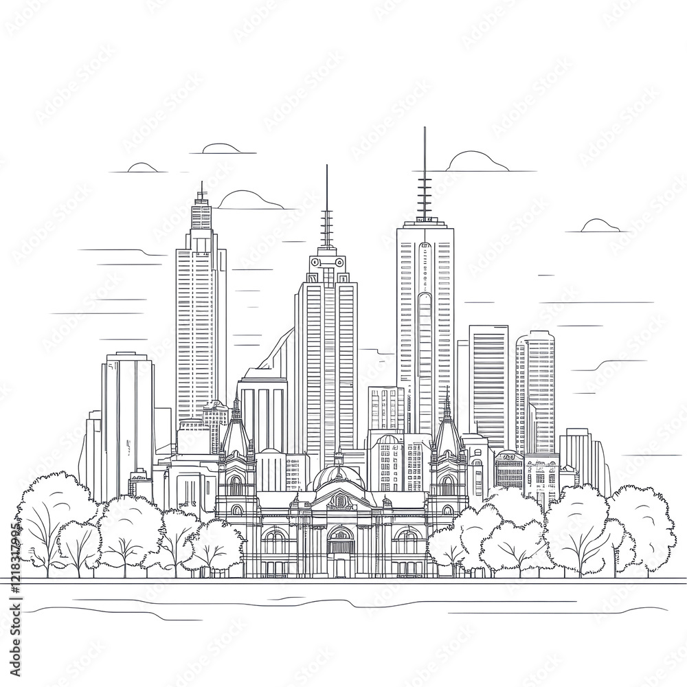 Naklejka premium NYC Skyline Sketch Black White Cityscape Architecture Drawing