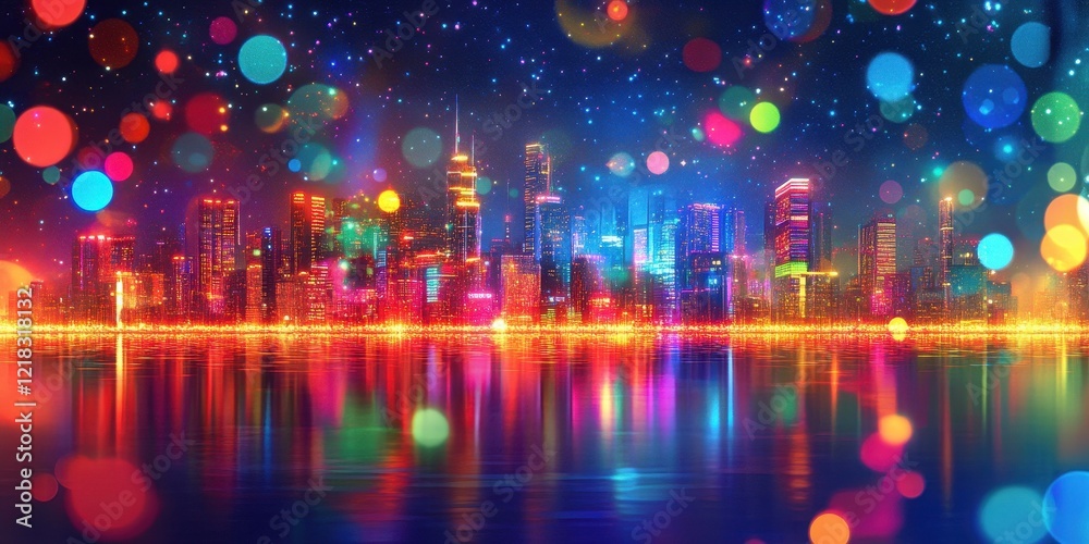Fototapeta premium Vibrant Cityscape Reflecting in Night Water