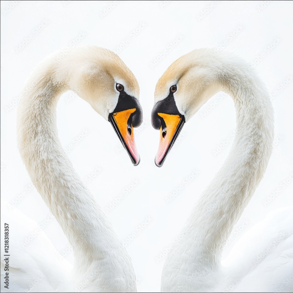 Fototapeta premium Elegant Swans Forming Heart Shapes Symbolizing Love and Romance Against a Soft White Background