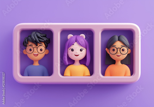  3D illustration of three people avatars in photo frames on a purple background, in a minimalistic style. The vector design features gradients and solid colors, with a bright and cheerful color scheme