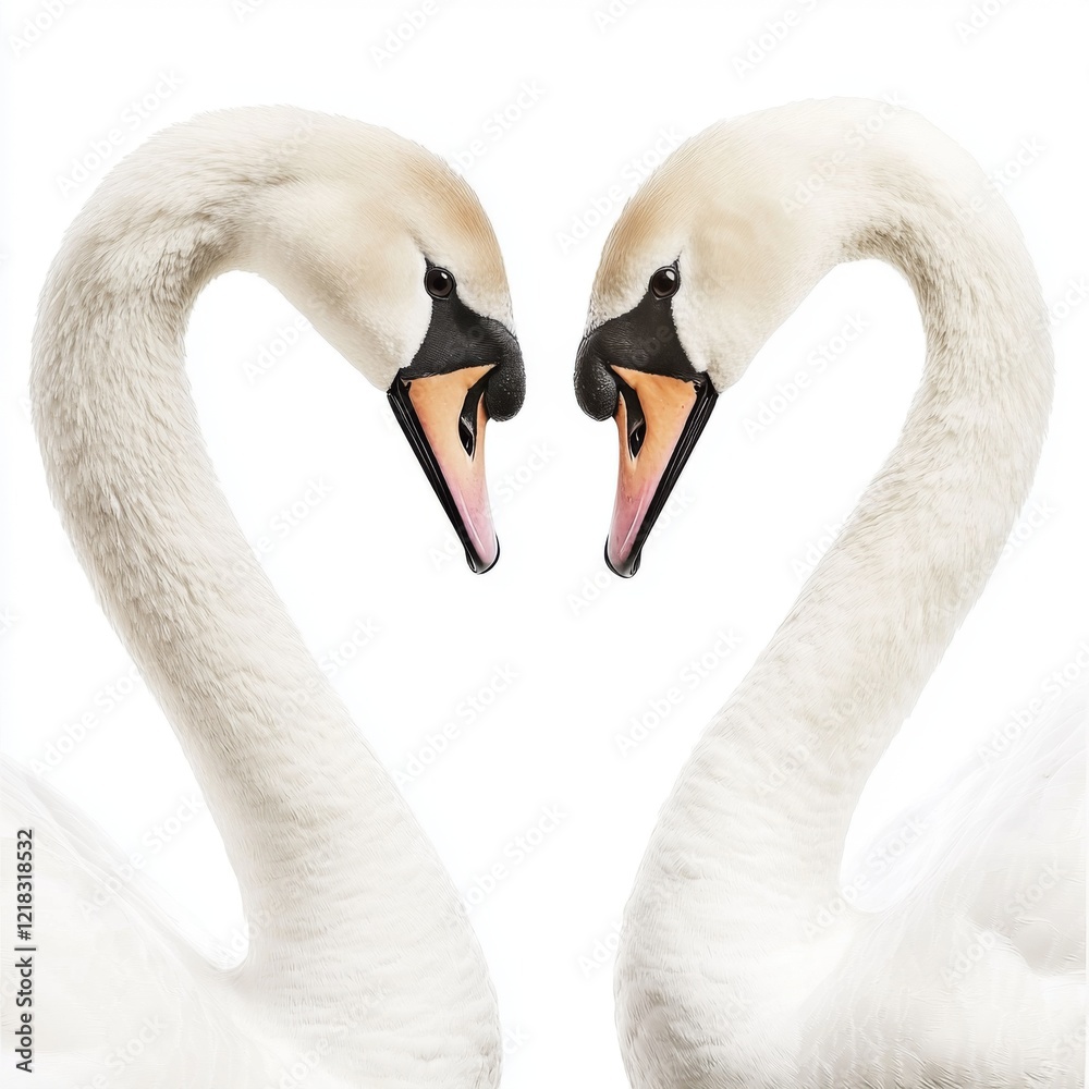 Fototapeta premium Graceful Swans Forming Heart Shape with Their Necks Against White Background in Artistic Composition