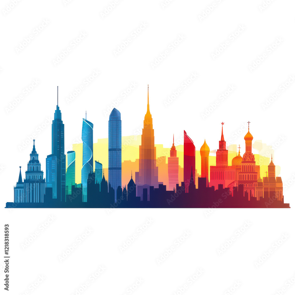 Fototapeta premium Vibrant Moscow City Skyline at Sunset Modern Architecture and Historical Buildings,